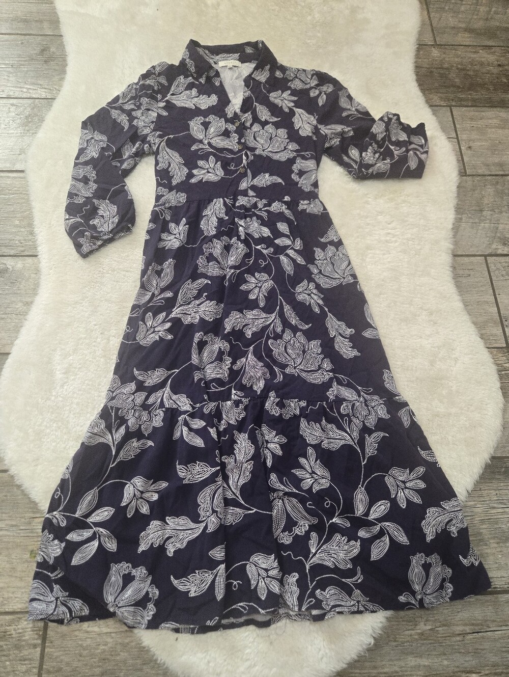 Angels Forever Young Navy Blue Paisley Floral Midi Shirt Cottagecore Dress, S